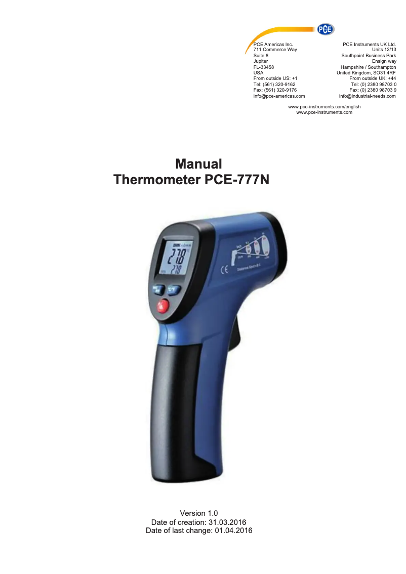 Página 1 del manual Manual de usuario PCE Instruments PCE-777N
