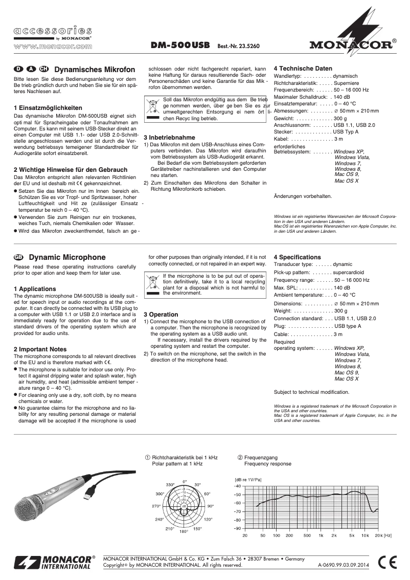 Page 1 de la notice Manuel utilisateur Monacor DM-500USB