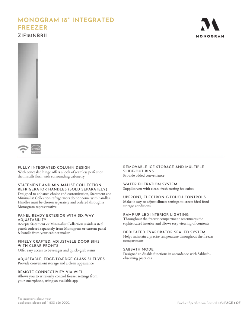 Page 1 de la notice Fiche technique Monogram ZIF181NBRII