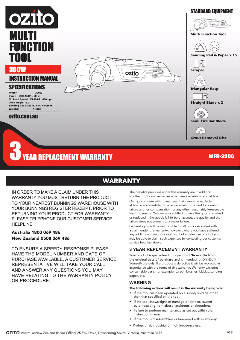 Page 1 de la notice Manuel utilisateur Ozito MFR-2200