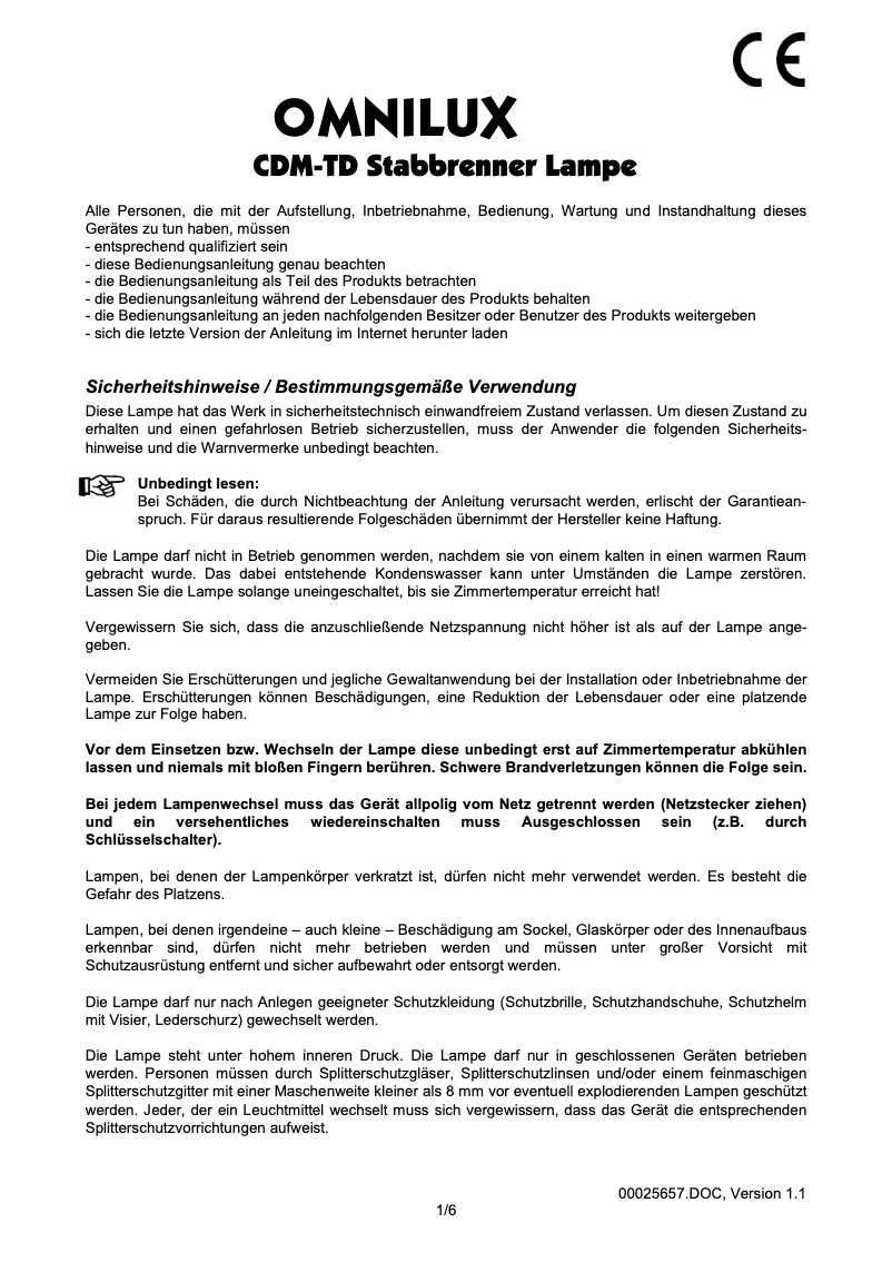 Page 1 de la notice Manuel utilisateur Omnilux CDM-TD 150W