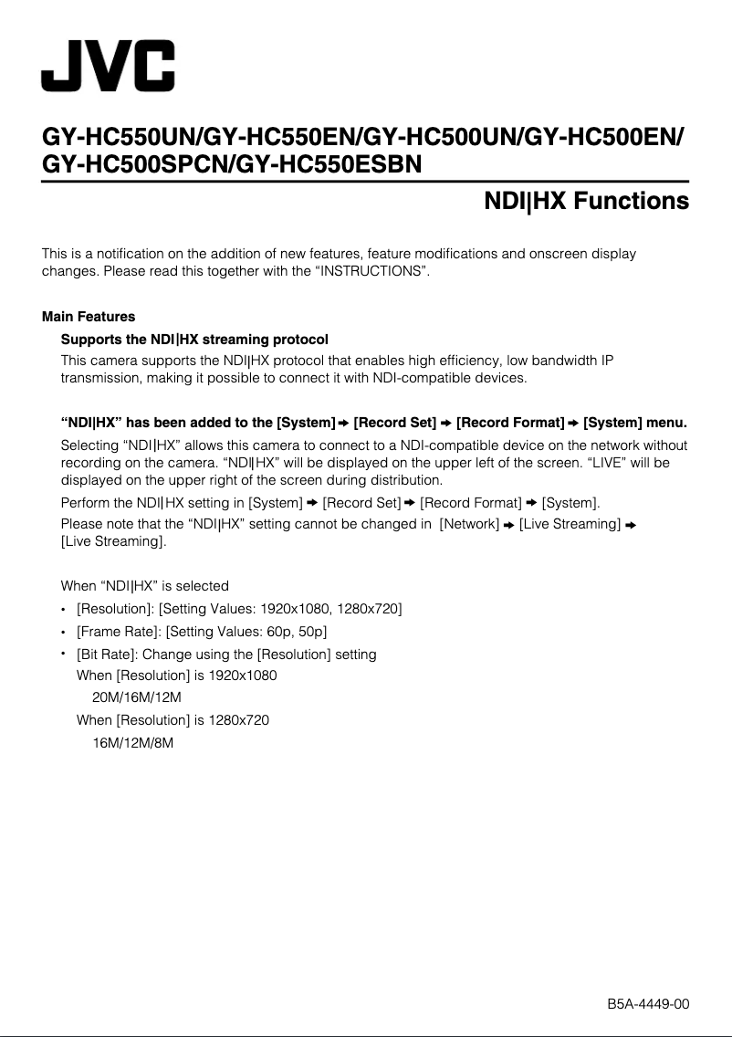 Page n°1 - Manuel utilisateur JVC GY-HC550EN