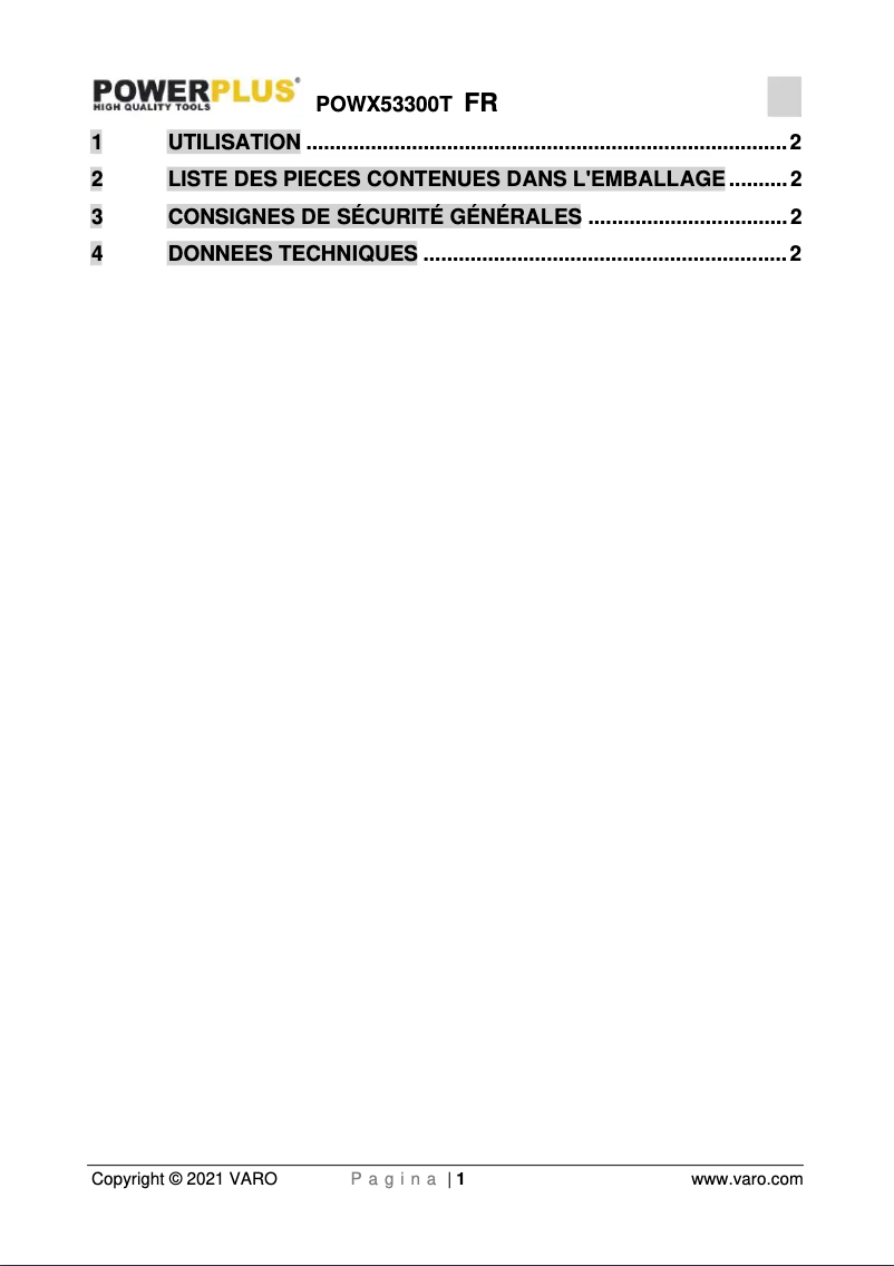 Page n°1 - Manuel utilisateur PowerPlus POWX53300T