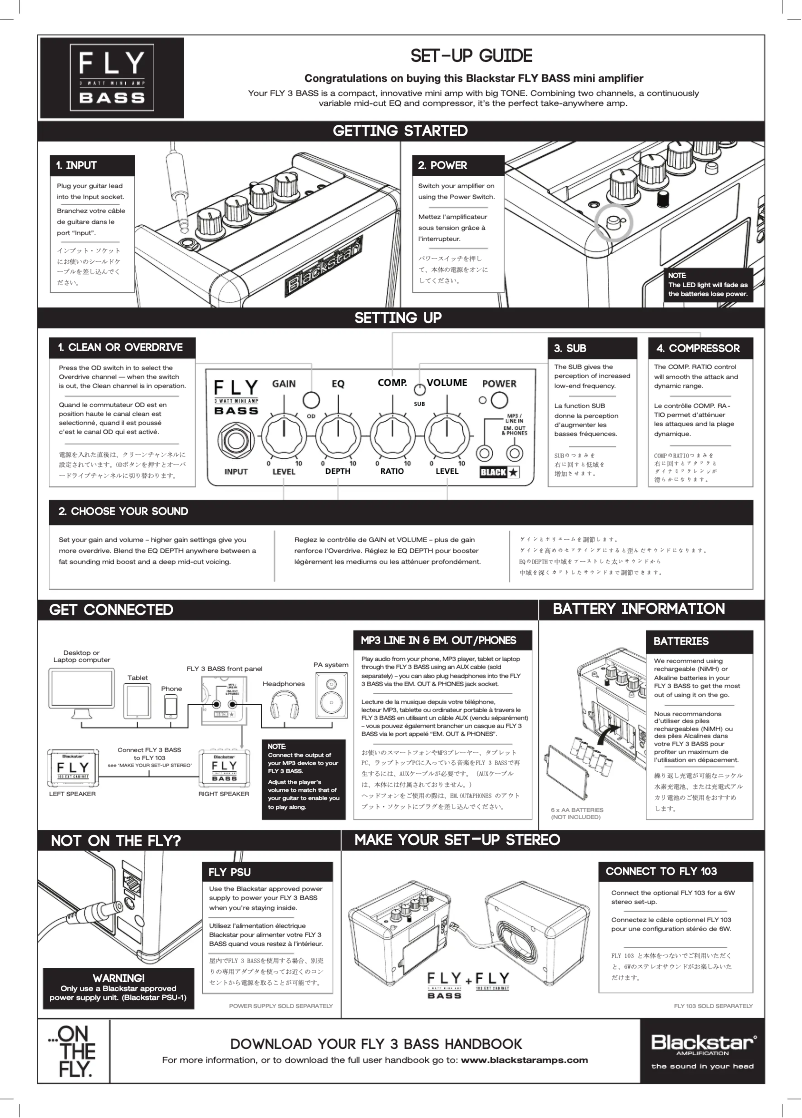 Page 1 de la notice Guide de démarrage rapide Blackstar FLY 3 Bass