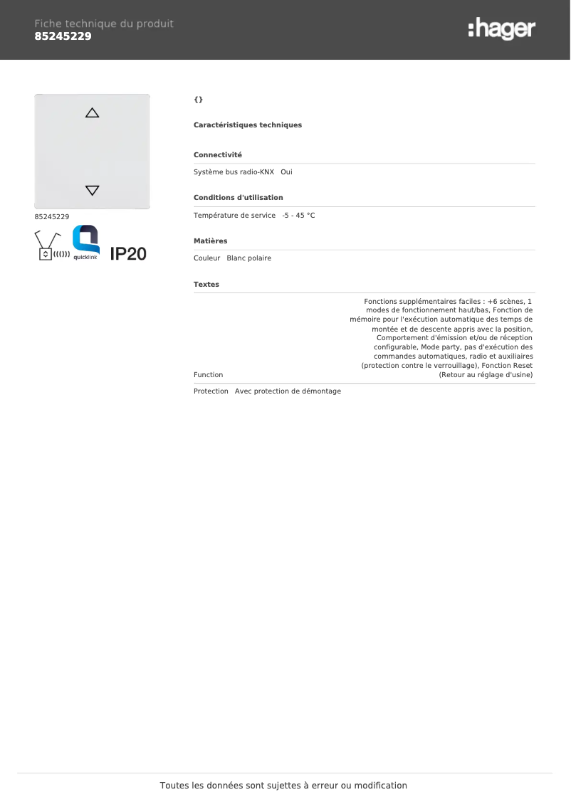 Page n°1 - Fiche technique Hager 85245229