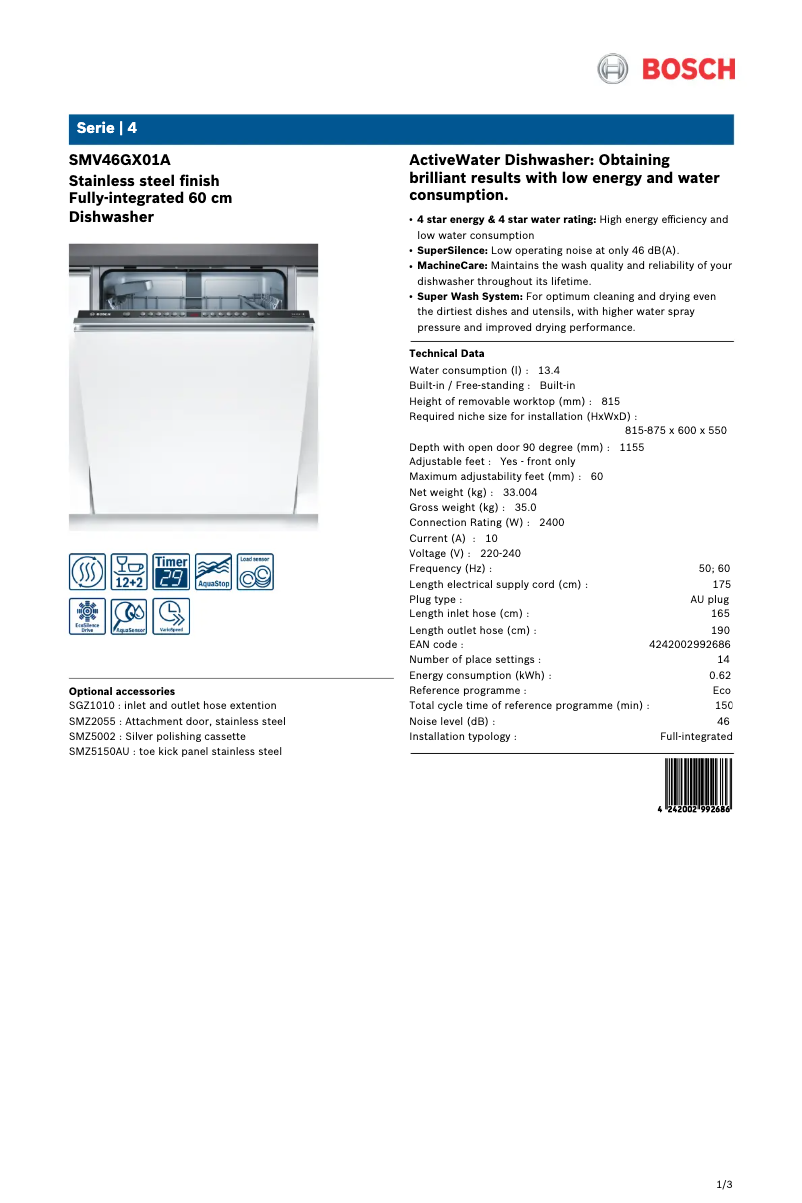 Página 1 del manual Ficha técnica Bosch SMV46GX01A