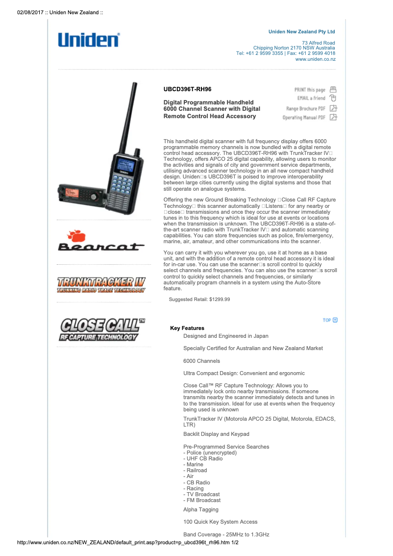 Page n°1 - Manuel utilisateur Uniden UBCD396T-RH96