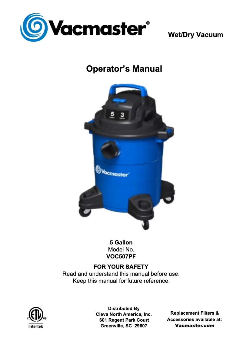 Page n°1 - Manuel utilisateur Vacmaster VOC507PF