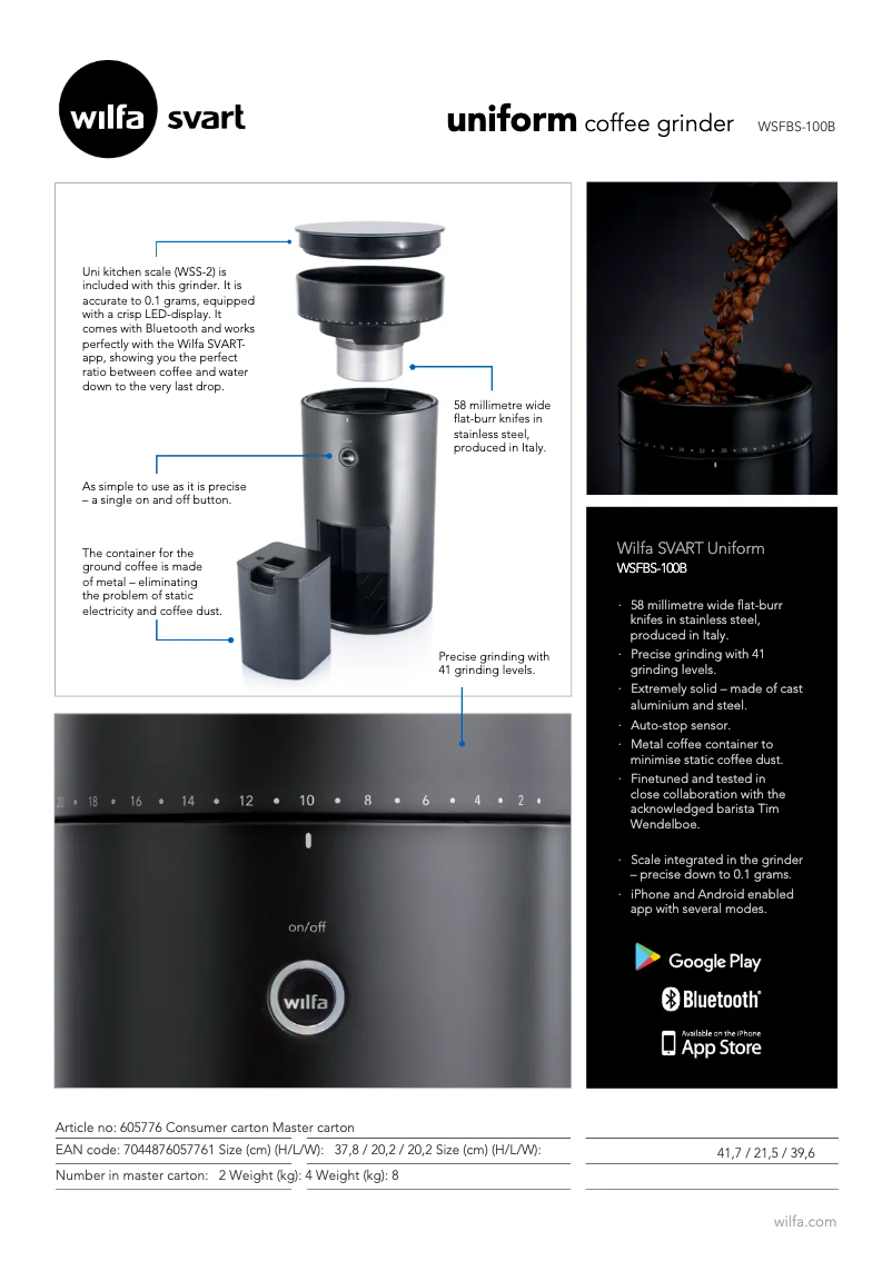 Page 1 de la notice Fiche technique Wilfa SVART Uniform WSFBS-100B
