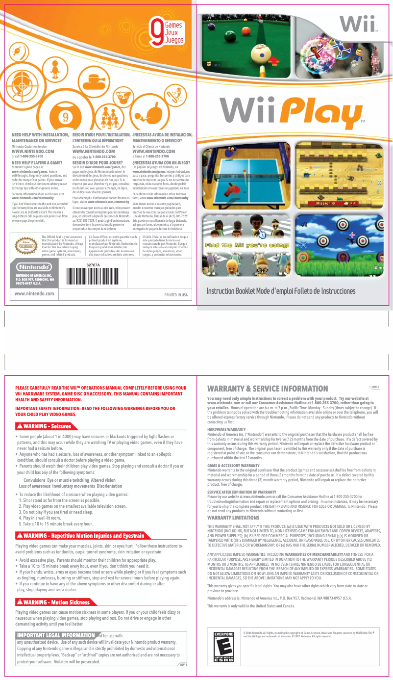 Page 1 de la notice Manuel utilisateur Nintendo Wii Play (Wii)