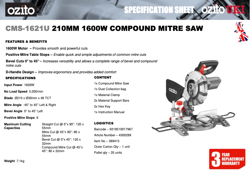Página 1 del manual Ficha técnica Ozito CMS-1621U