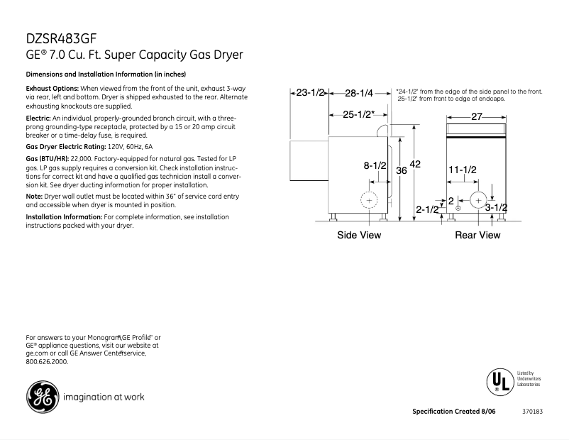 Página 1 del manual Ficha técnica GE DZSR483GFGG