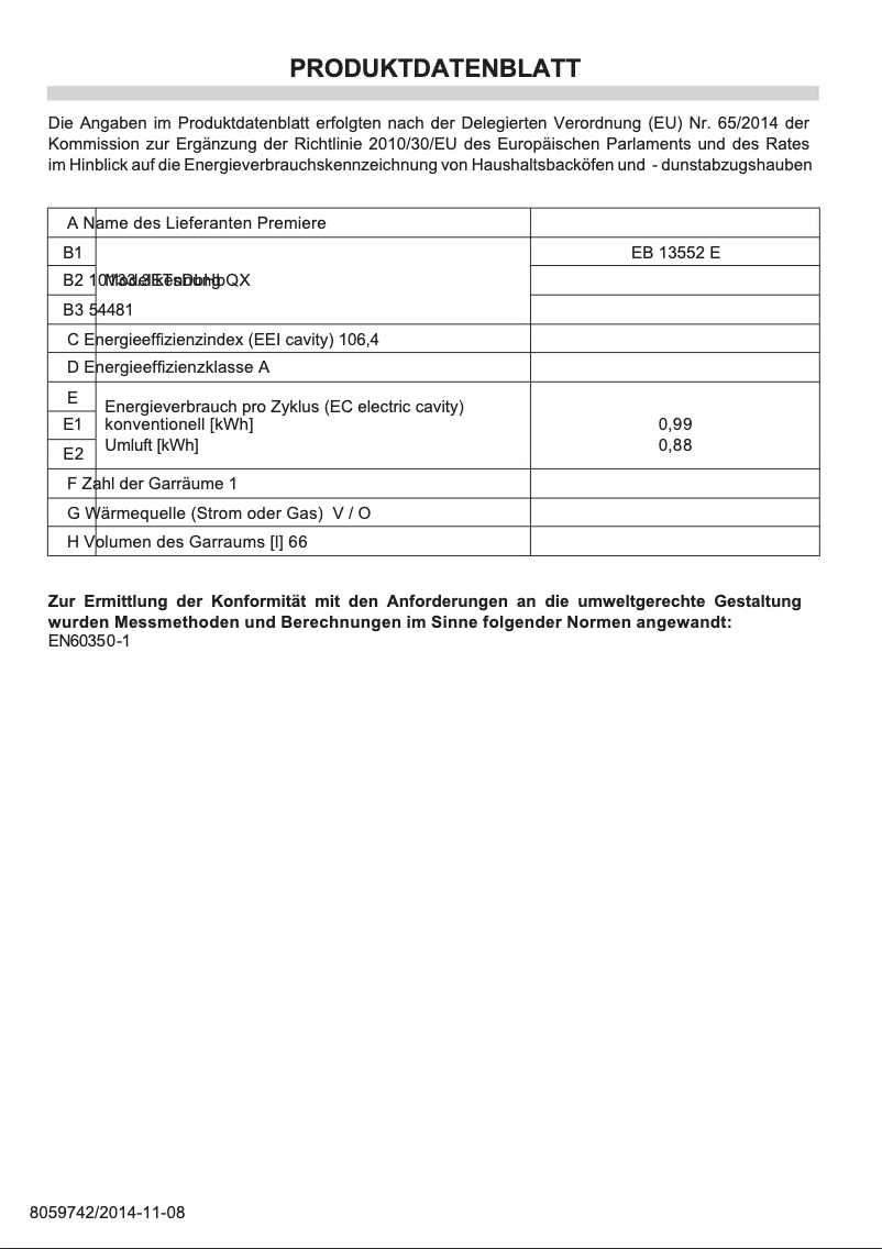 Page n°1 - Fiche technique Amica EB 13552 E