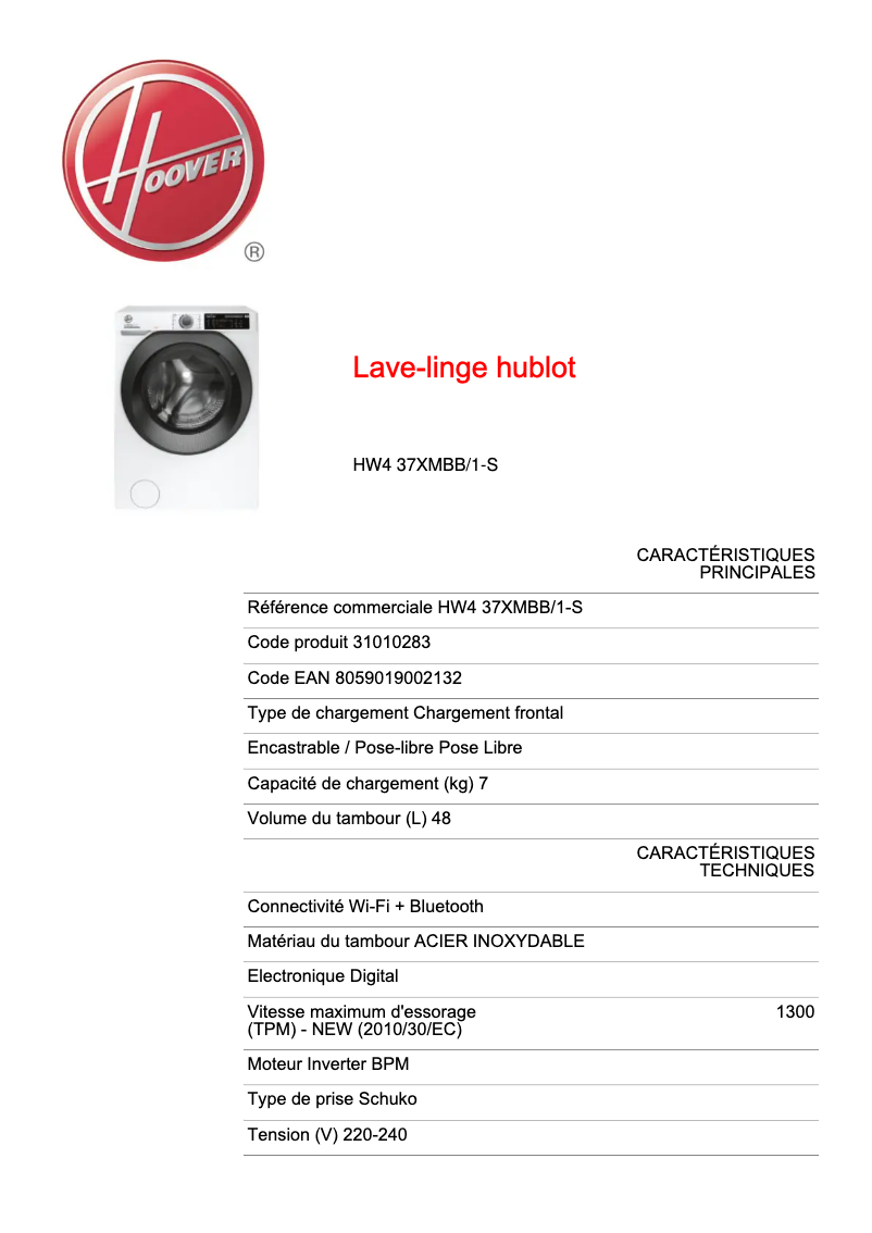 Page 1 de la notice Fiche technique Hoover H-WASH 500 HW4 37XMBB/1-S