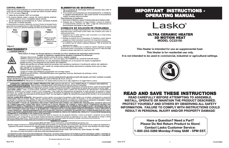 Page 1 de la notice Manuel utilisateur Lasko CC23150