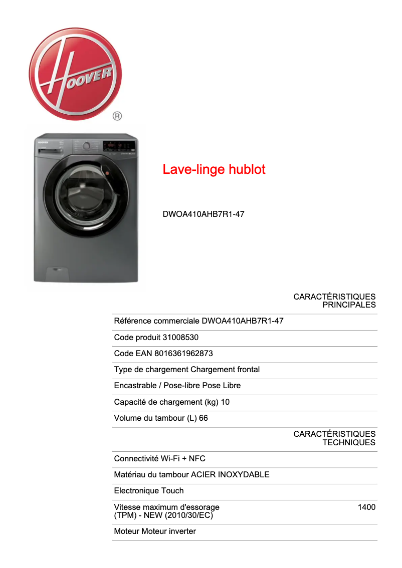 Page 1 de la notice Fiche technique Hoover Dynamic Next DWOA410AHB7R1-47
