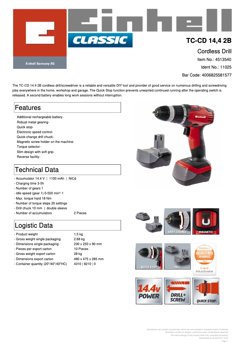 Page 1 de la notice Fiche technique Einhell TC-CD 14,4 2B