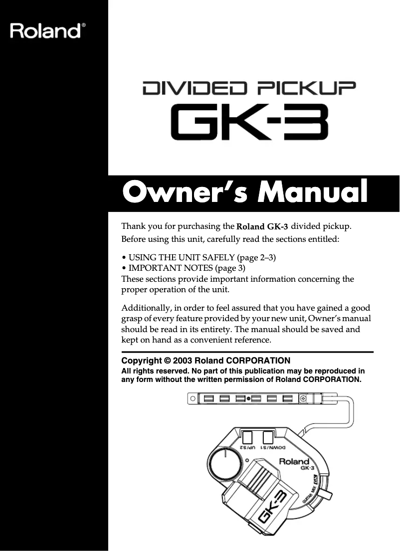 Page 1 de la notice Manuel utilisateur Roland GK-3