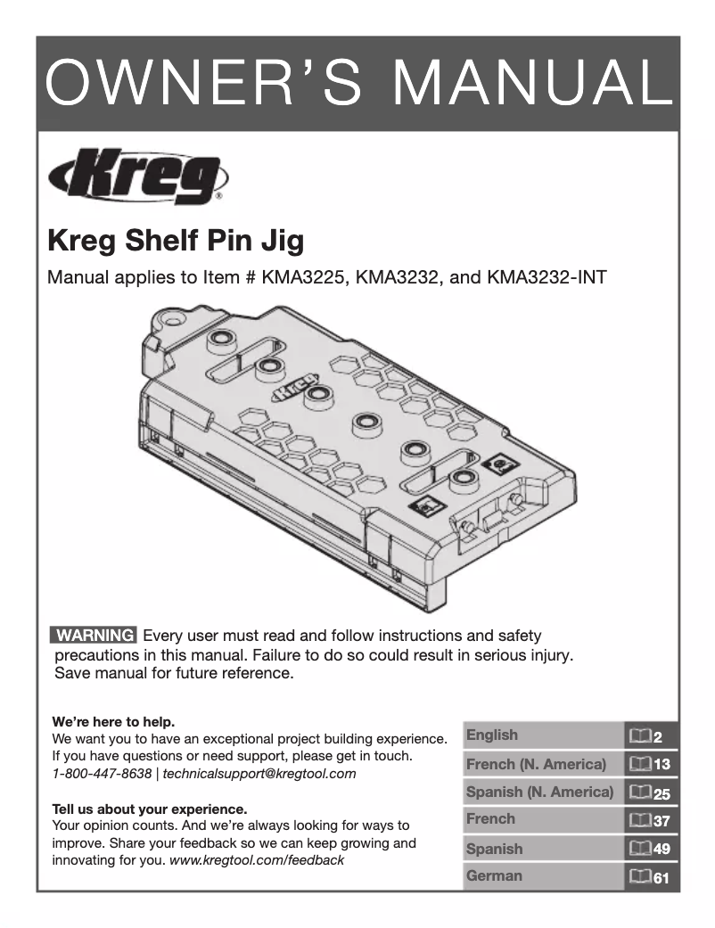 Page 1 de la notice Manuel utilisateur Kreg Kreg Shelf Pin Jig