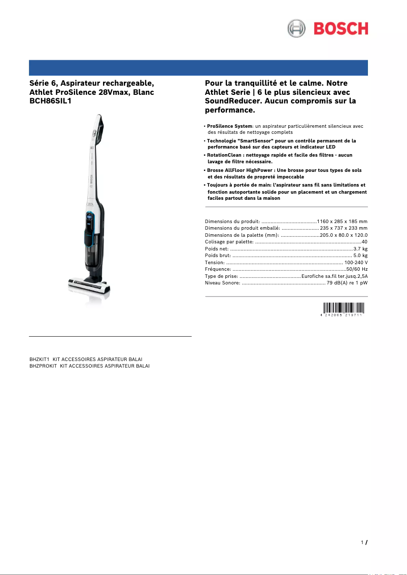 Page n°1 - Fiche technique Bosch Athlet ProSilence BCH86SIL1