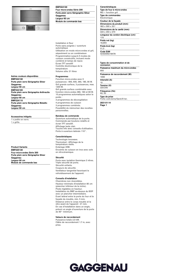 Page 1 de la notice Fiche technique Gaggenau BMP224130