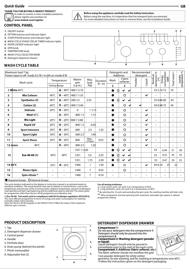 Page 1 de la notice Fiche technique Indesit IWC 71453 W UK N