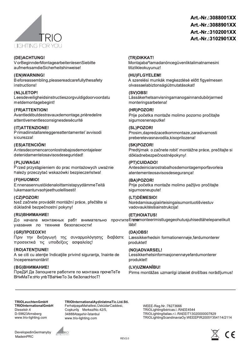 Page 1 de la notice Manuel utilisateur Trio Lighting Madeira 310290102