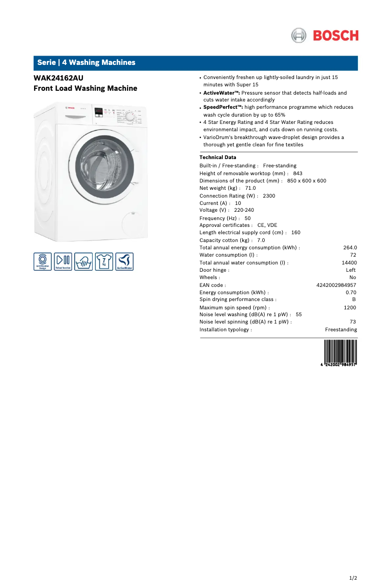 Page 1 de la notice Fiche technique Bosch WAK24162AU