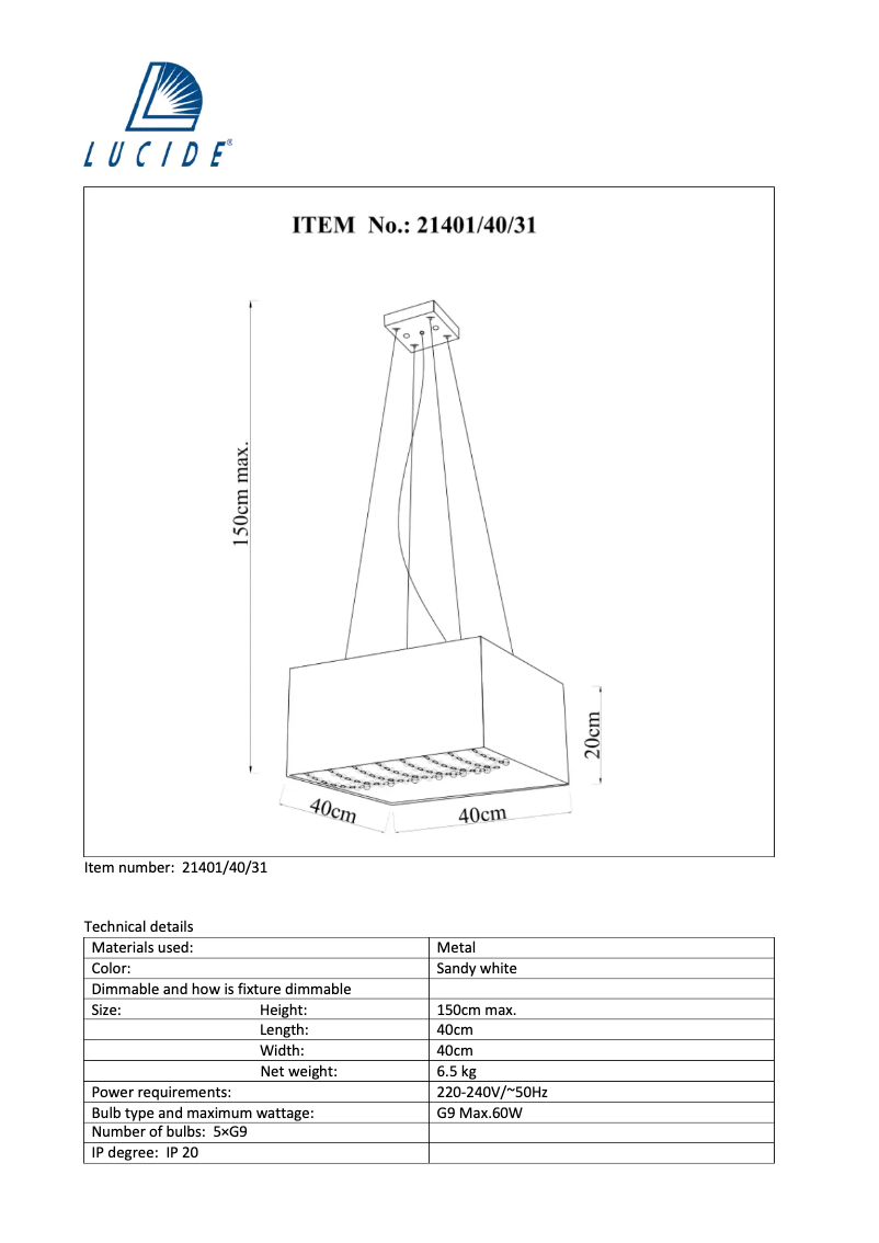 Page 1 de la notice Manuel utilisateur Lucide Gladis 21401/40/31