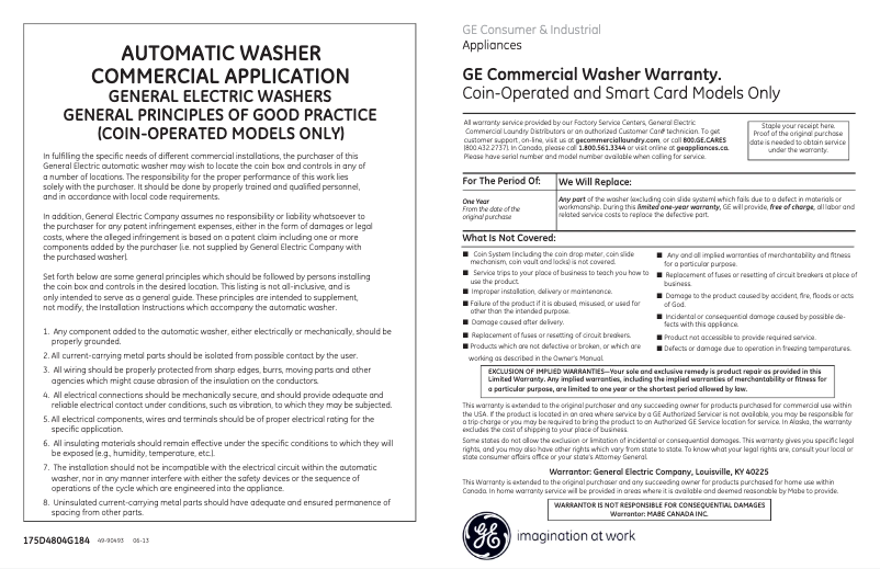 Page 1 de la notice Manuel d'utilisation et d'entretien GE WCCN2050FWC