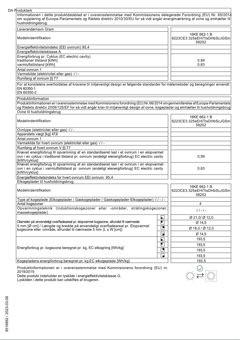 Page 1 of the manual Energy Label Gram 16KE 662-1 B