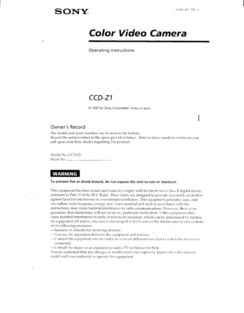 Page 1 de la notice Manuel utilisateur Sony CCD-Z1