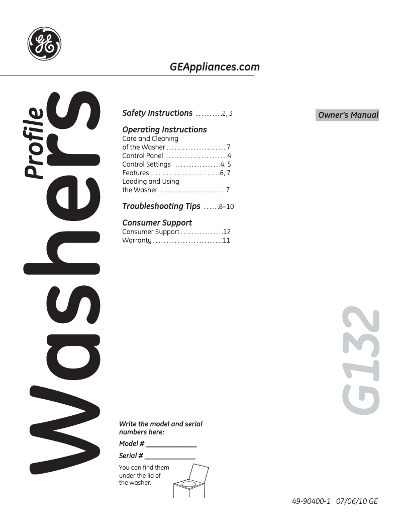 Page 1 de la notice Manuel utilisateur GE PTWN6250MWT