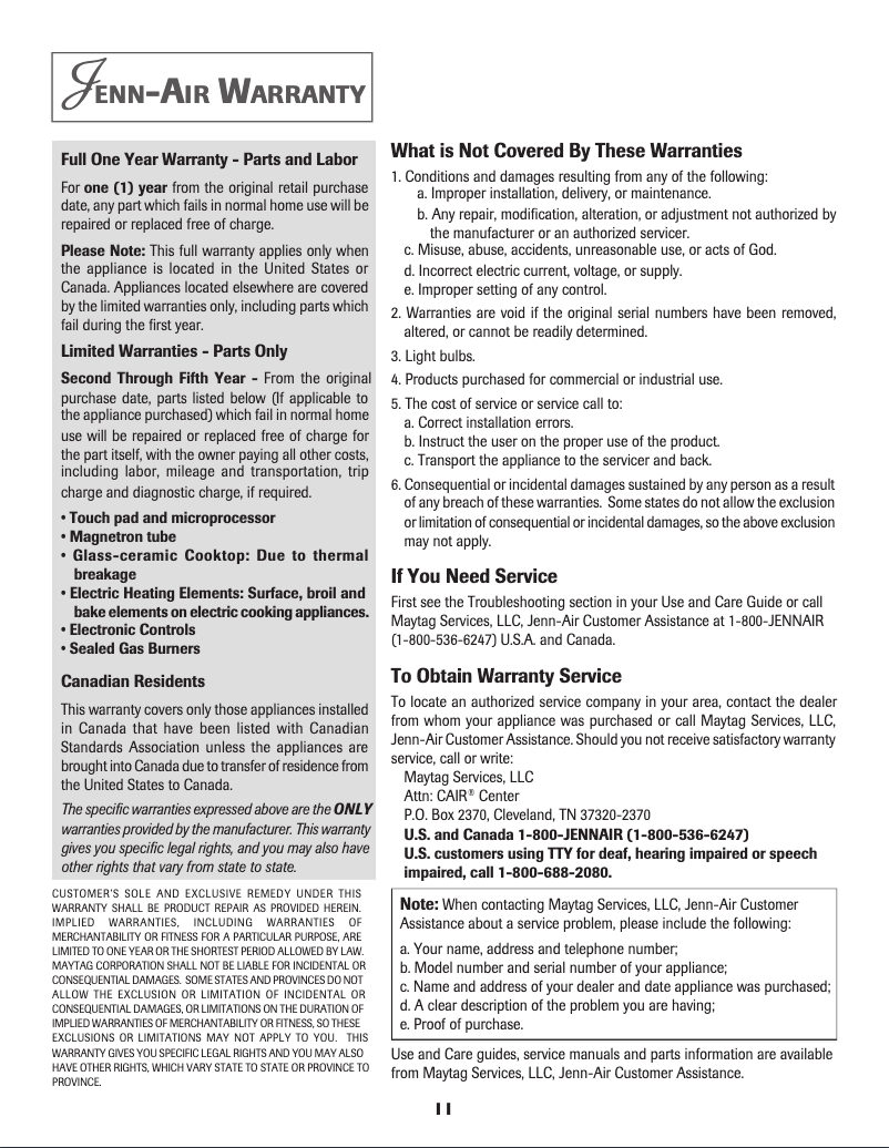 Page 1 de la notice Informations de garantie JennAir JGA8200ADX