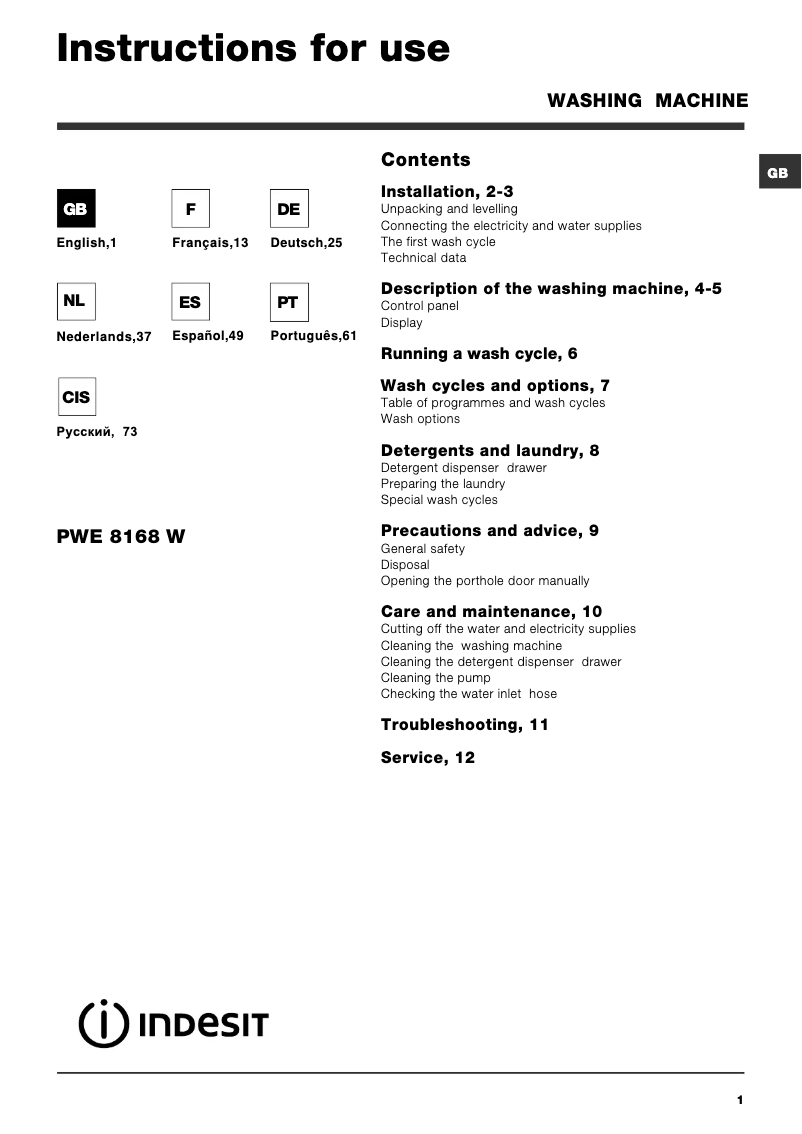 Page 1 de la notice Manuel utilisateur Indesit IWE 8168