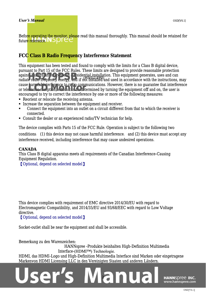 Page 1 de la notice Mode d'emploi Hannspree HS 279 PSB