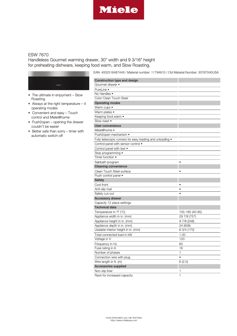 Page 1 de la notice Fiche technique Miele ESW 7670