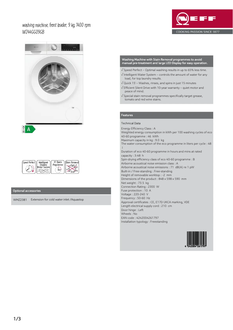 Page 1 de la notice Fiche technique Neff W244GG09GB