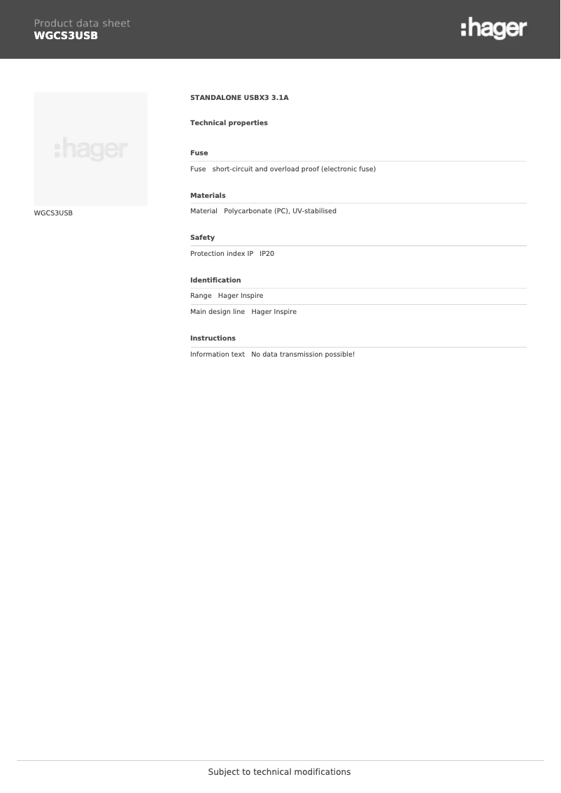 Page 1 de la notice Fiche technique Hager WGCS3USB