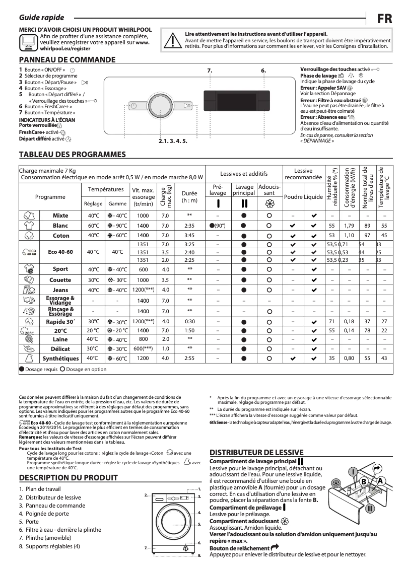 Page 1 de la notice Manuel d'utilisation et d'entretien Whirlpool FFS 7438 W EE