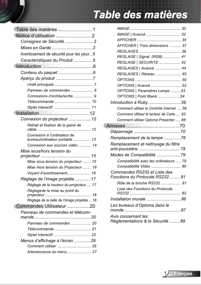Page 1 de la notice Manuel utilisateur Optoma EW675UTis