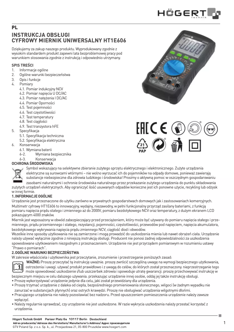 Image de la première page du manuel de l'appareil HT1E606