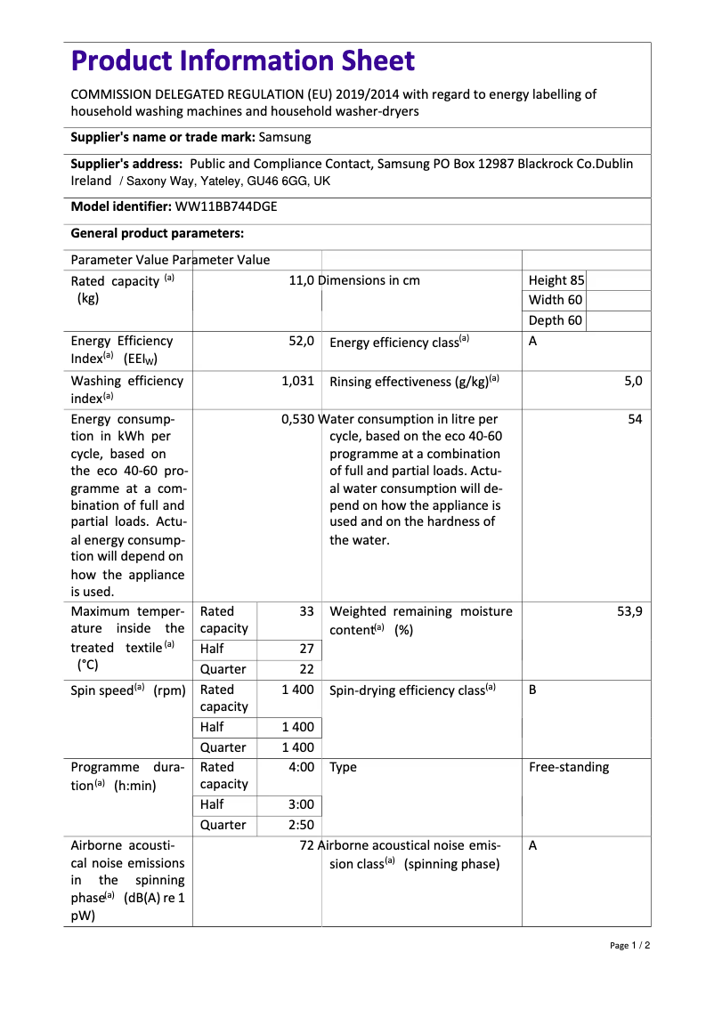 Page 1 de la notice Fiche technique Samsung WW11BB744DGE