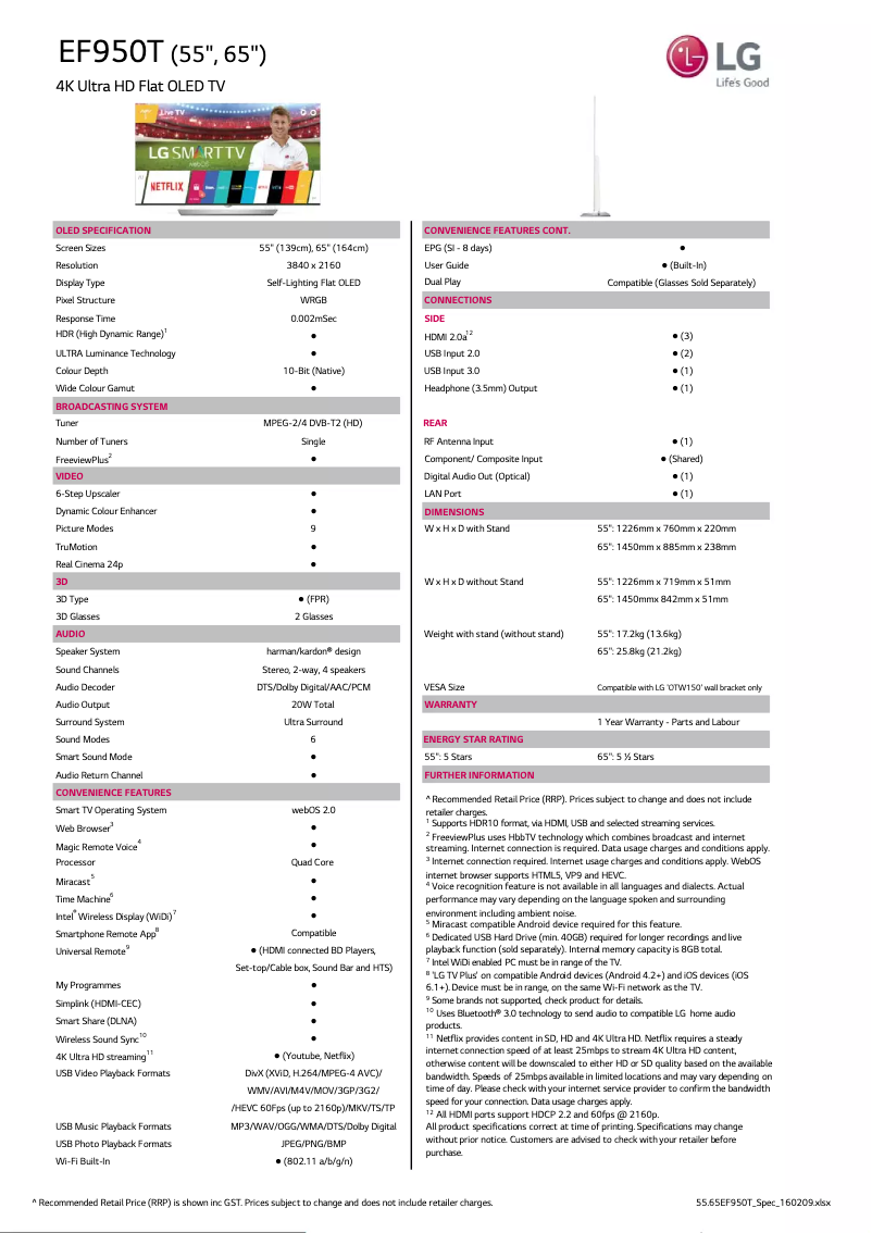 Page 1 de la notice Fiche technique LG 65EF950T