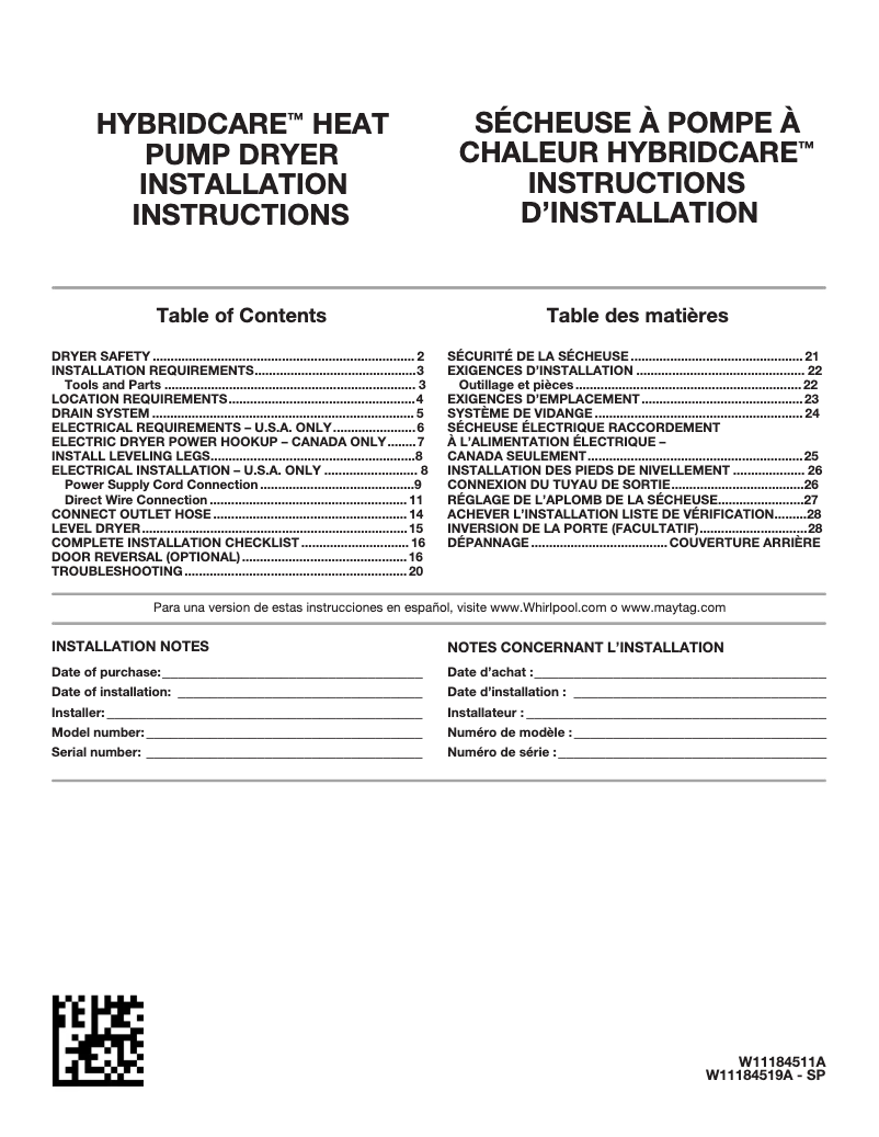 Page n°1 - Guide d'installation Whirlpool WHD560CHW