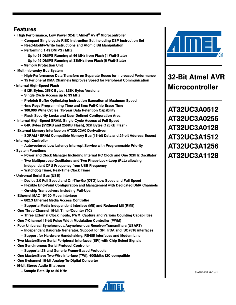 Page 1 de la notice Fiche technique Microchip AT32UC3A0256