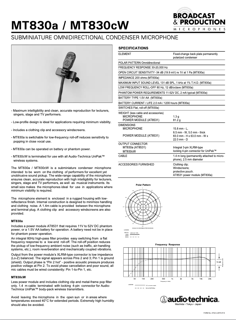 Page n°1 - Manuel utilisateur Audio-Technica MT830a