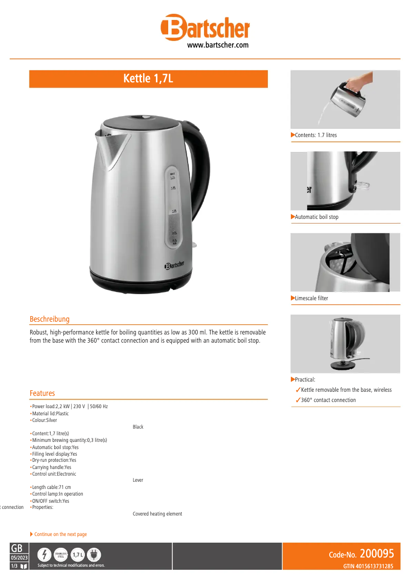 Page n°1 - Fiche technique Bartscher 200095