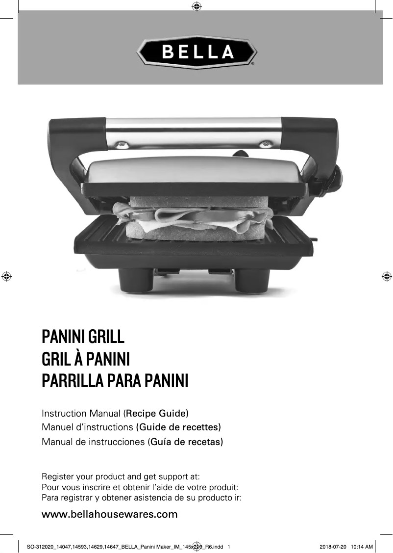 Page 1 de la notice Manuel utilisateur Bella 8.5" x 9.5" Panini Grill
