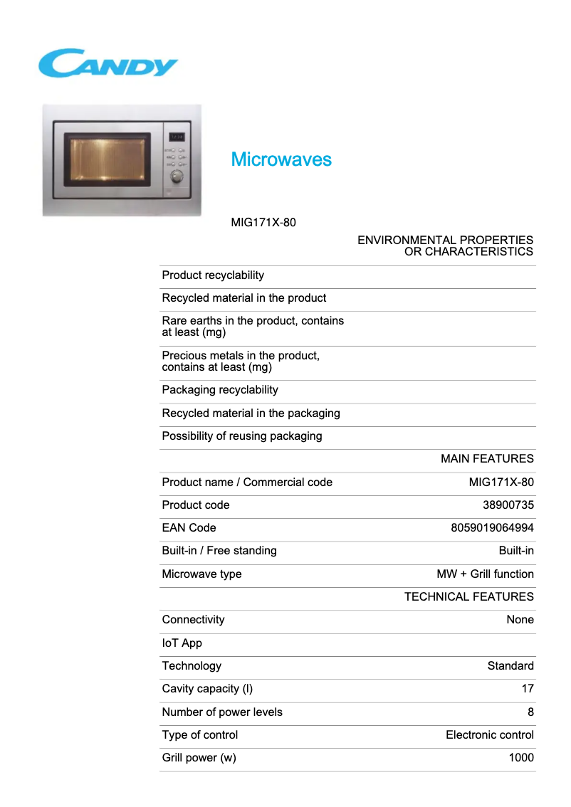 Page 1 de la notice Fiche technique Candy MIG171X-80